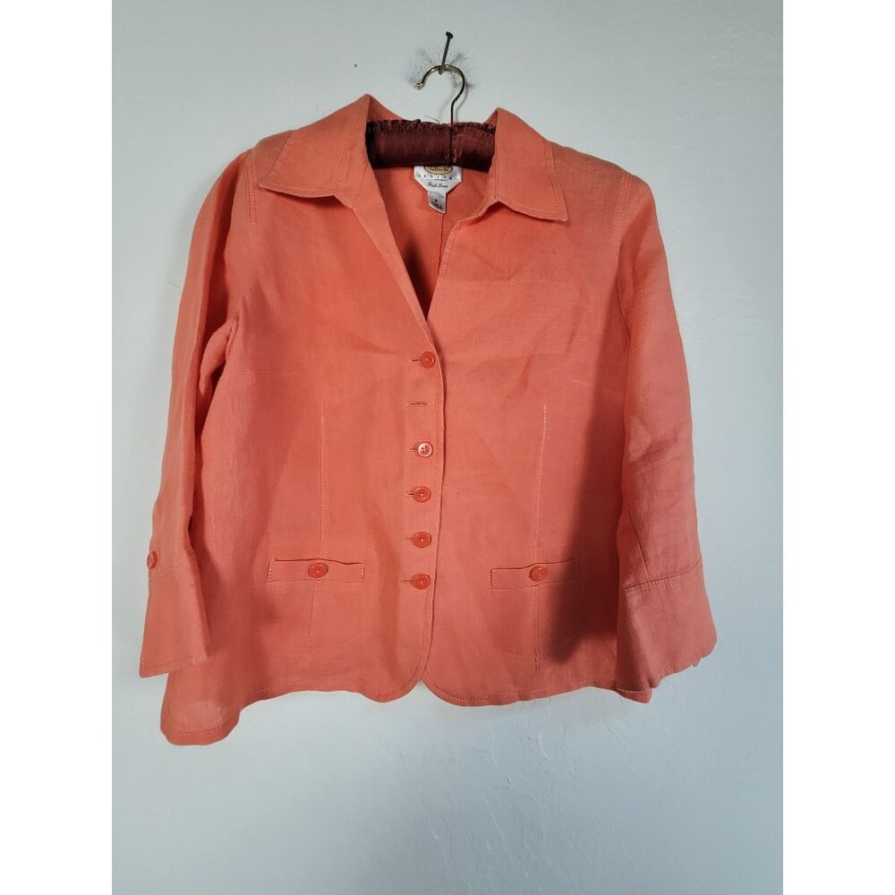 Talbots Petites Womens Coral Irish Linen Button Front Blazer Jacket 8P Casual